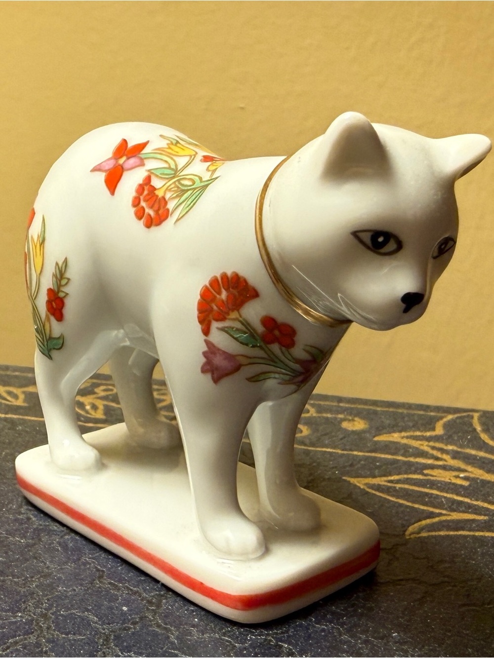 Franklin Mint White Porcelain Cat Figurine with Red and Gold Accents